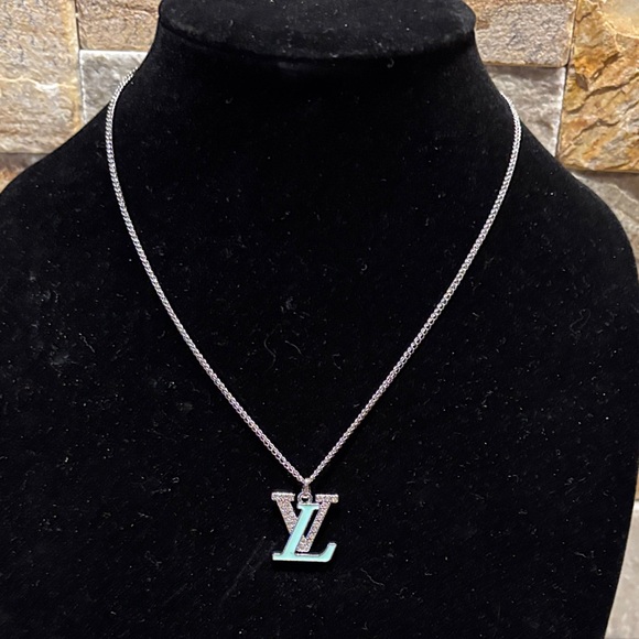 Upcycled Jewelry - Silver and Teal Blue LV Pendant Necklace